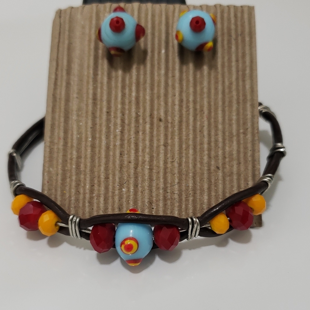 New Beautiful Colorful Beaded Bracelet and Earring Set On Dark Brown Leather